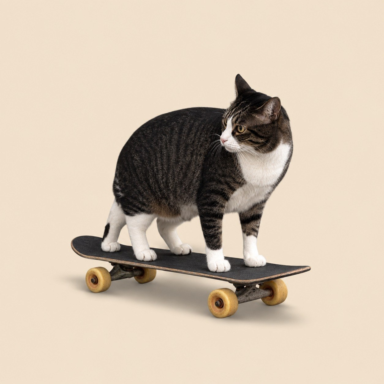 A tabby cat standing on a skateboard
